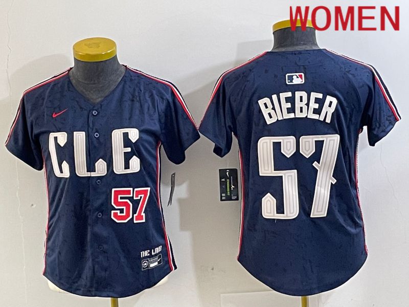 Women Cleveland Indians 57 Bieber Blue City Edition Nike 2024 MLB Jersey style 3